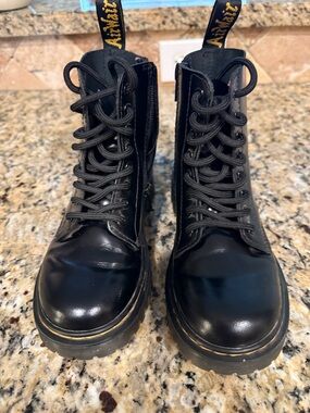 Dr. Martens Black Leather Lace-Up Boots with Yellow Stitching